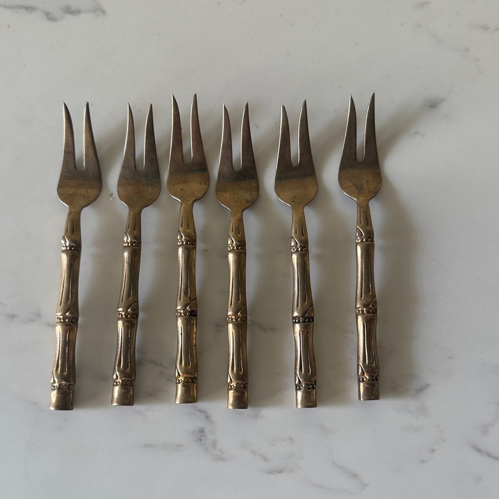 Vintage Brass Cocktail Forks Set of 6 Bamboo Design
